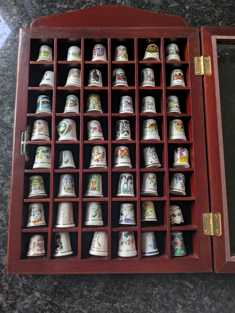 48 Decorative Thimbles in Display Case