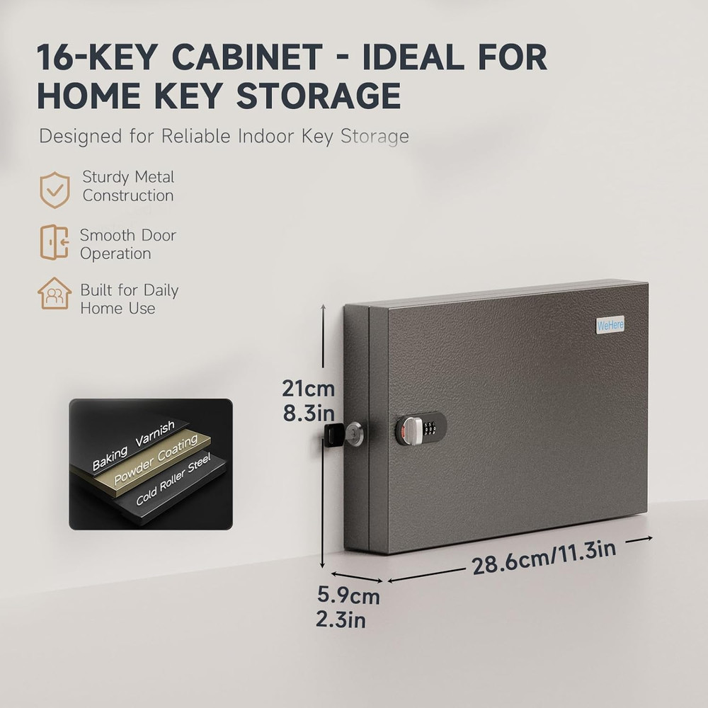16 Key Lock Box - Wall Mounted Key Cabinet with 3-Digit Combination Lock & Backu