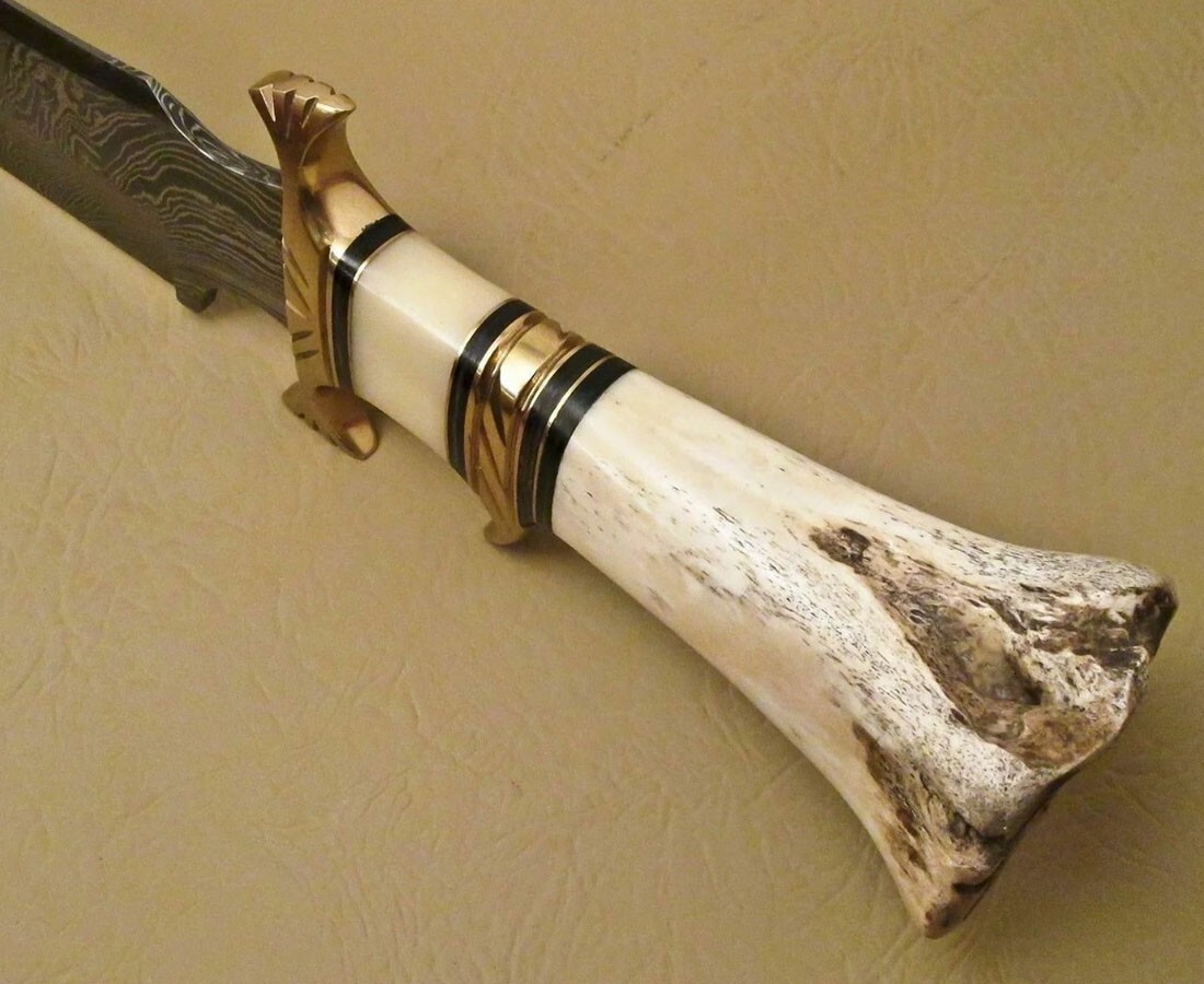 Handmade Damascus Bowie Knife Sharp Blade Camel Bone Handle With Leather Sheath