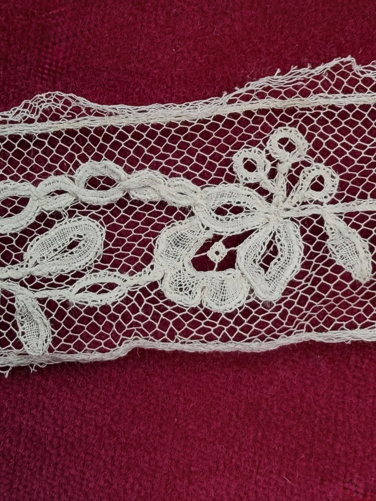 Insert handmade Brussels bobbin lace applique on net insert