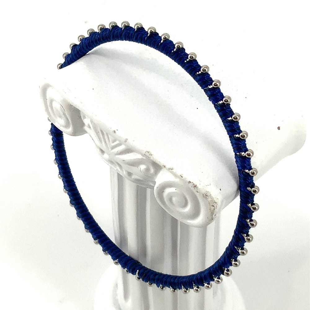 Vintage Blue Silk Thread Wrapped Bangle Silver Tone Bead Boho Stackable Bracelet