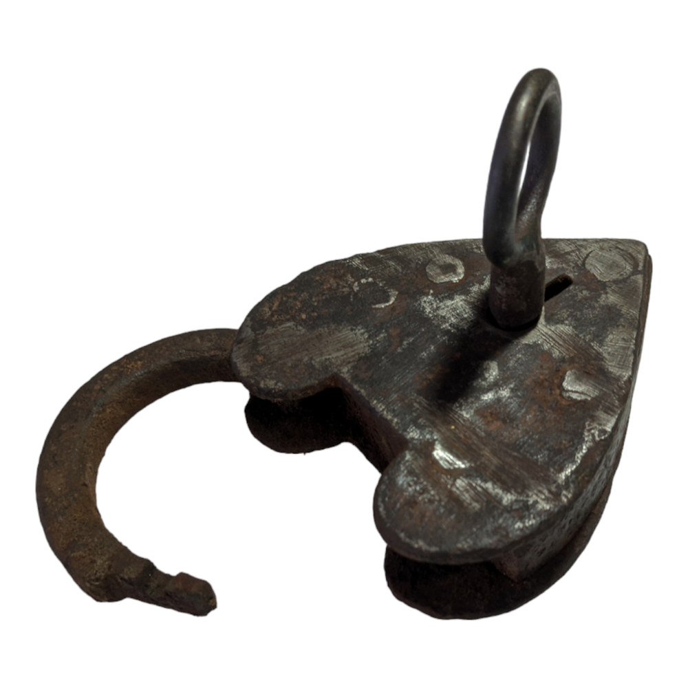 1850's Old Antique Solid Strong Heavy Iron Unique Heart Shape Lock & Key