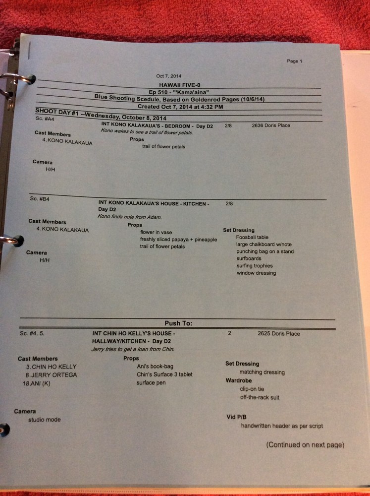 HAWAII FIVE-O ORIGINAL SCRIPT 510 NOTES SCHEDULE + 2014 WAWAHI MOE'UHANE