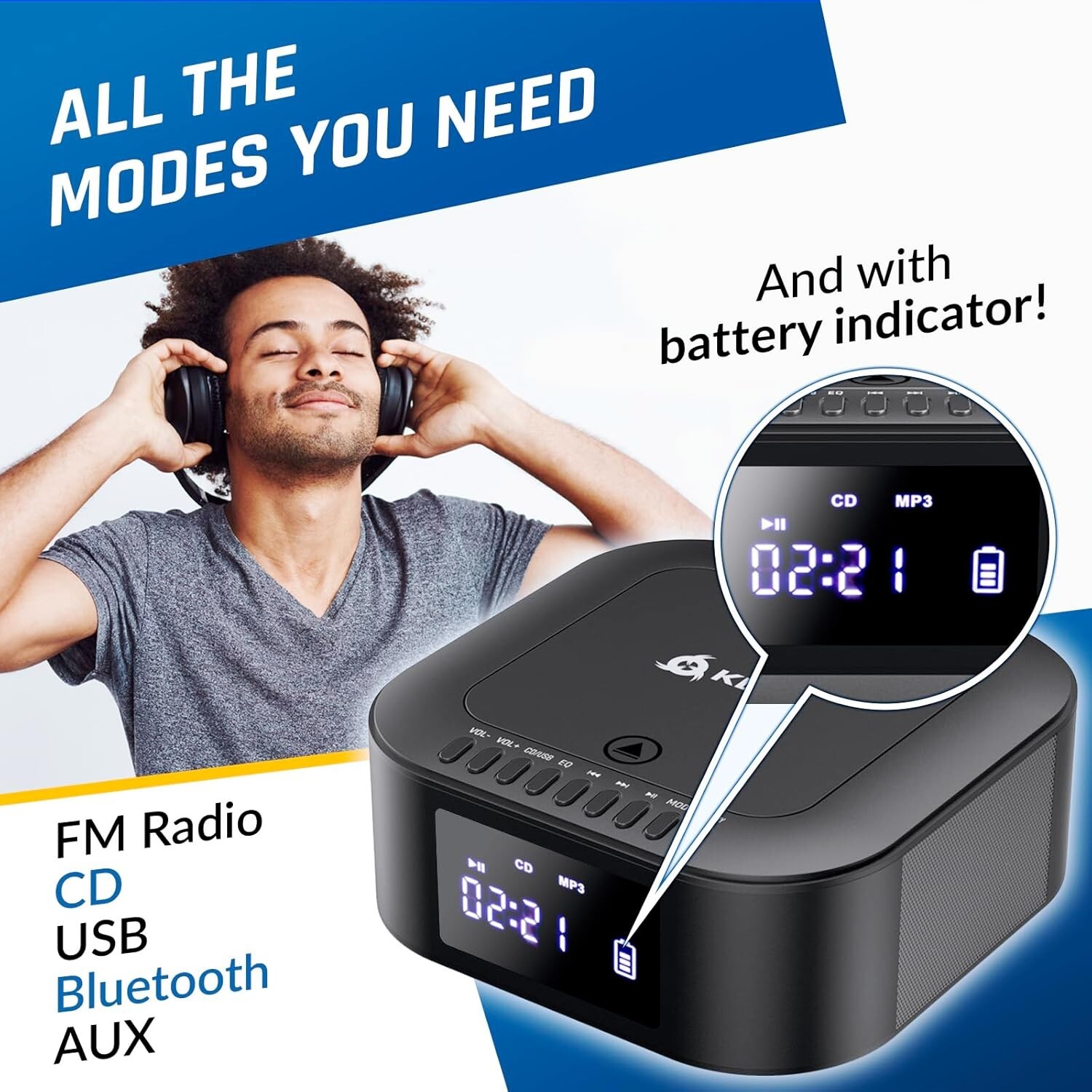 KLIM Boombox E1 - CD Player Portable Audio System, xtra BASS Subwoofer,FM,Remote