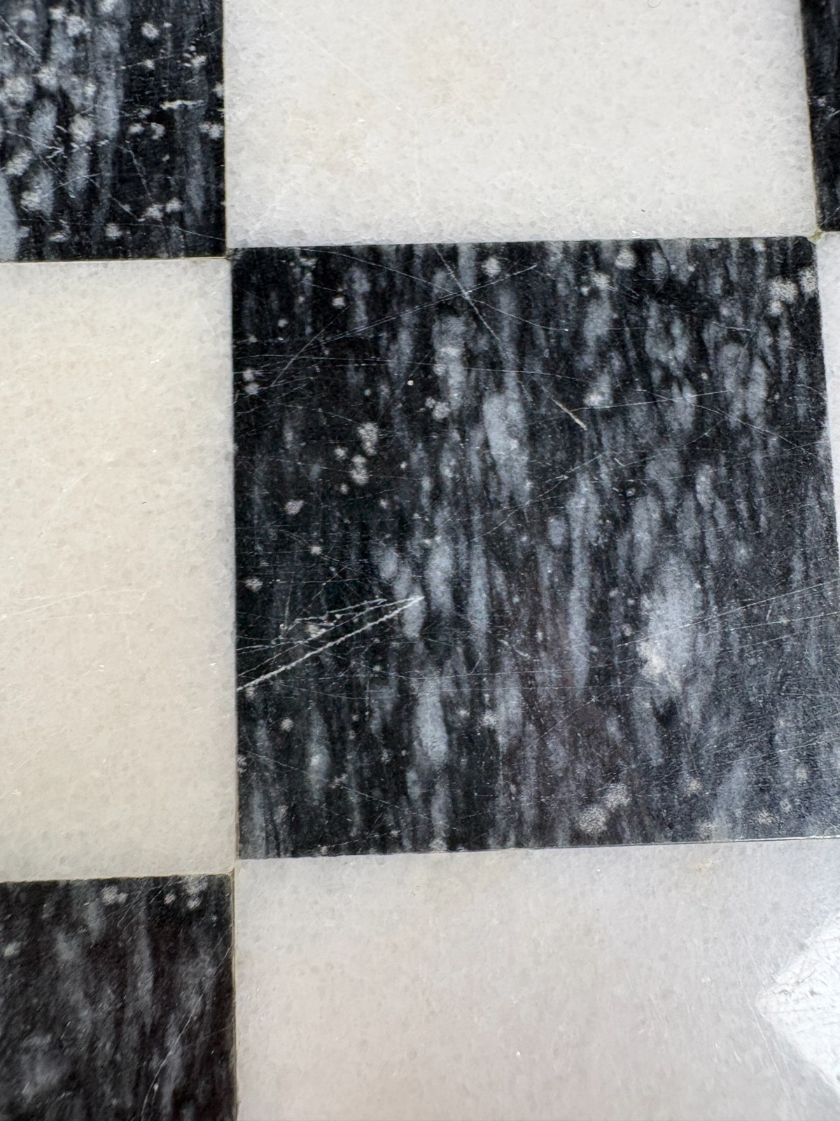 Marble Chess Board Black White With Green Border Stone 15 Inch Vintage Used