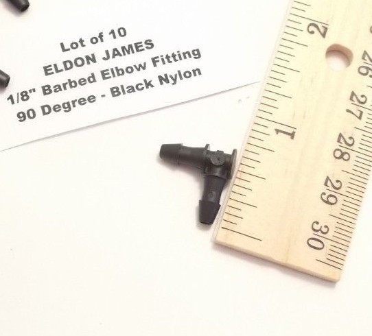 Lot of 10 ELDON JAMES 1/8" Barbed Elbow Fittings - 90 Degree - Black Nylon -