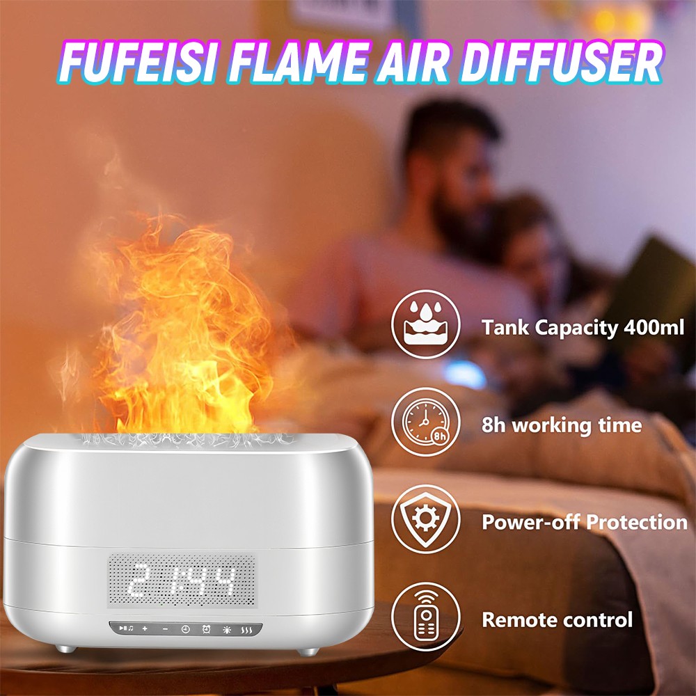 Flame Aroma Diffuser Humidifier Bluetooth Speaker Light Digital Display Clock