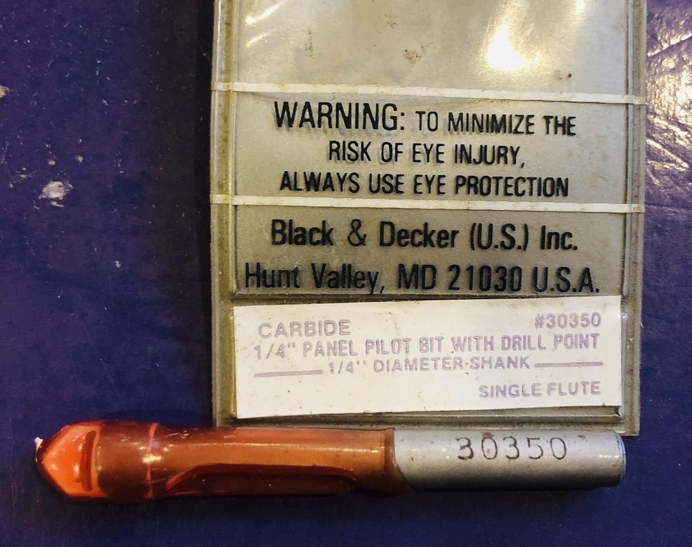 NOS - Black & Decker 1/4" Panel Pilot Bit w/ Drill Point - Carbide Tip #30350