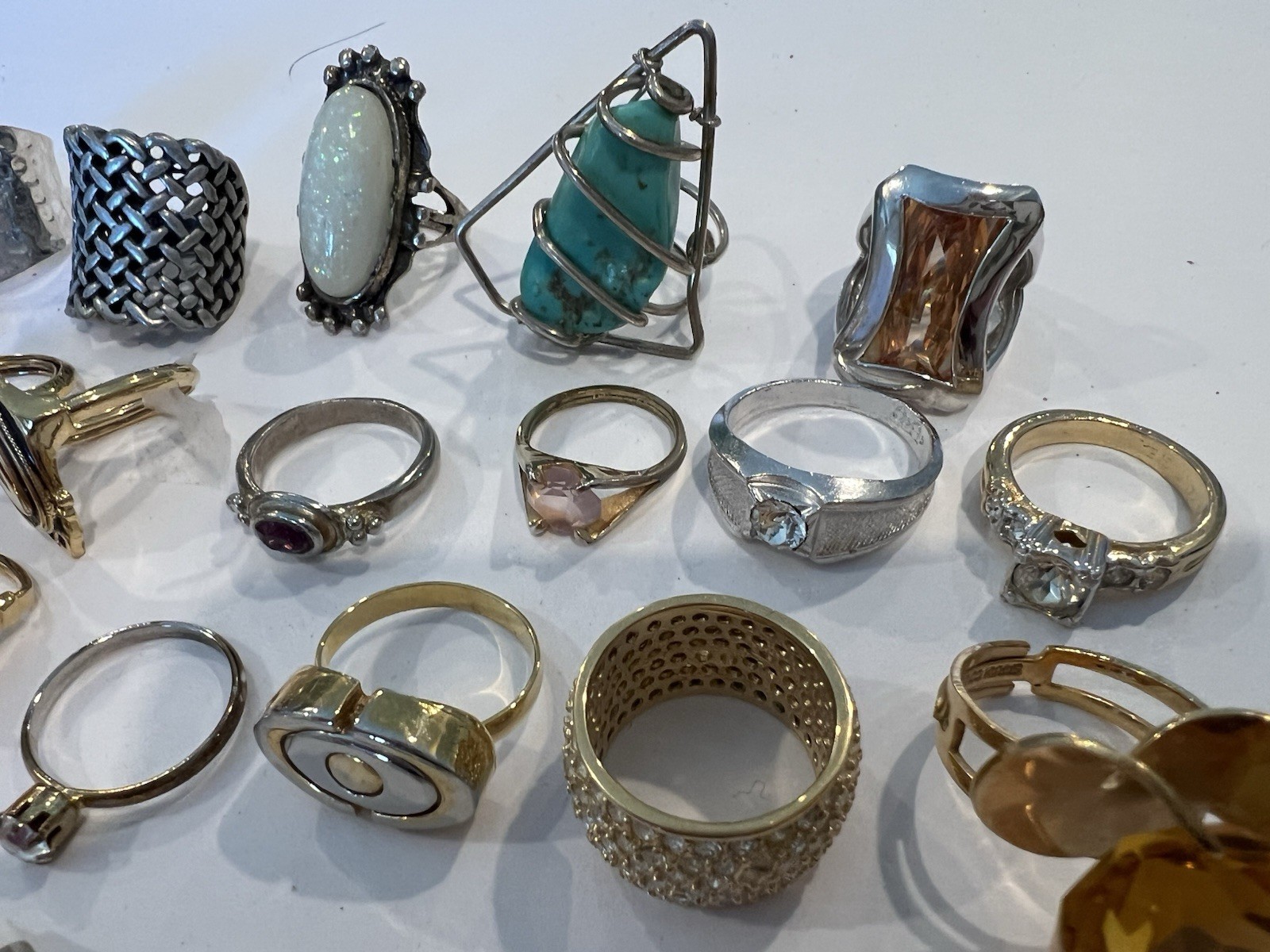 Vintage Costume Jewelry Lot Of 24 Mixed Rings w/ Gemstones Sterling Turquoise