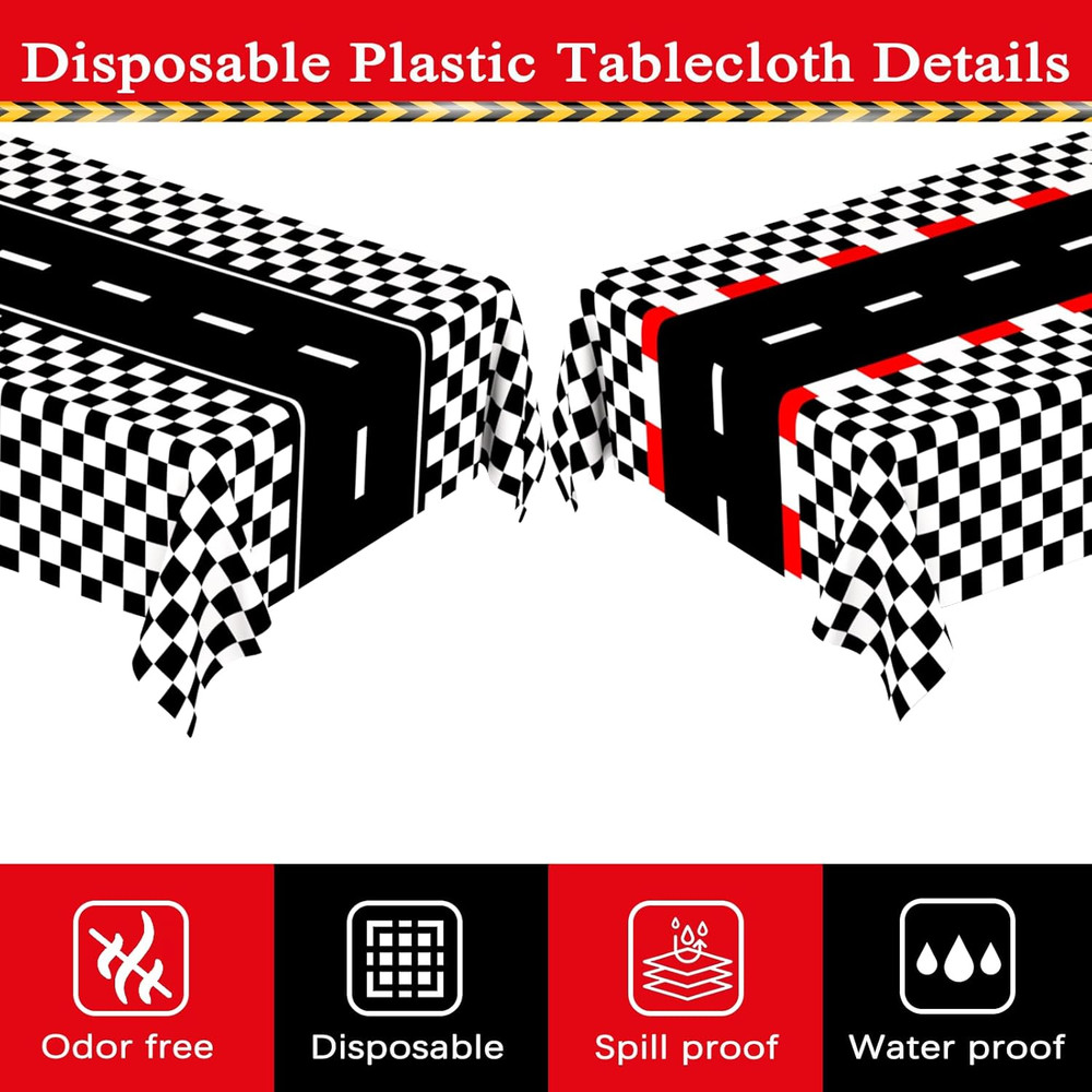 4 Pack Mixed Racing Car Plastic Rectangular Tablecloths, Black and White Checker