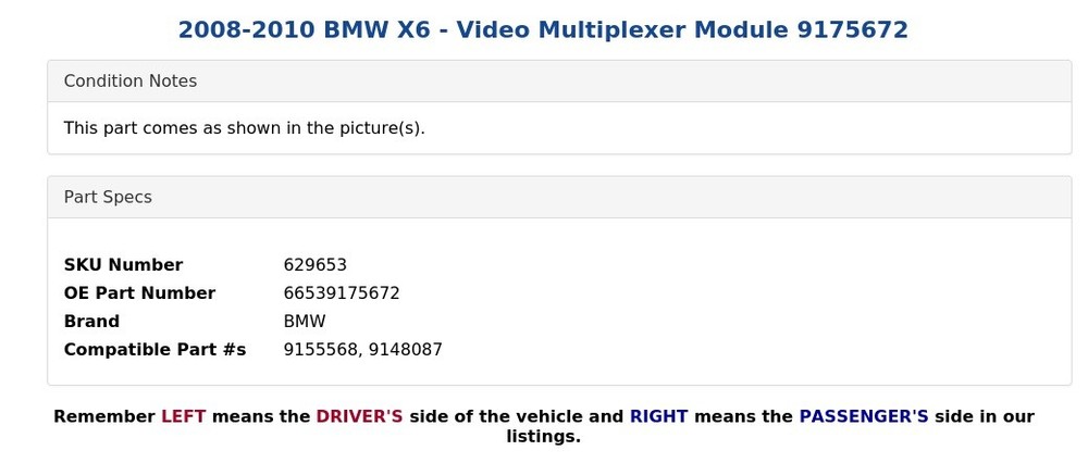 2008-2010 BMW X6 - Video Multiplexer Module 9175672