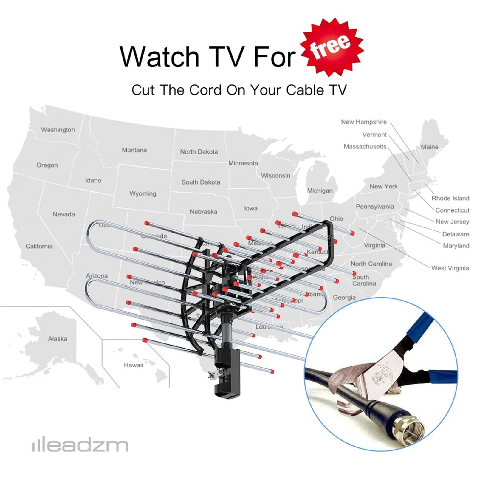 Home 480 Miles Outdoor Video TV Antenna Amplified HDTV 1080P V/UHF 360° Rotation