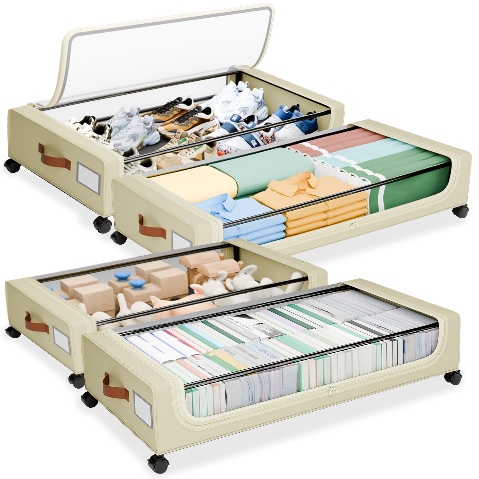 XXXL Under Bed Storage | 4-Pack Rolling Bins with Clear Lids for Clothes Toys