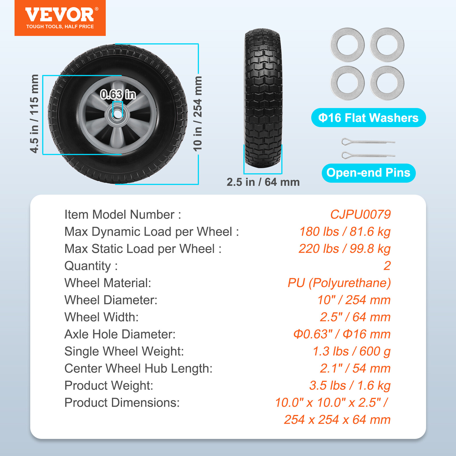 VEVOR 2-Pack 10x 2.5-4.5" Solid PU Run-Flat Tire Wheel Flat Free Tubeless Tires