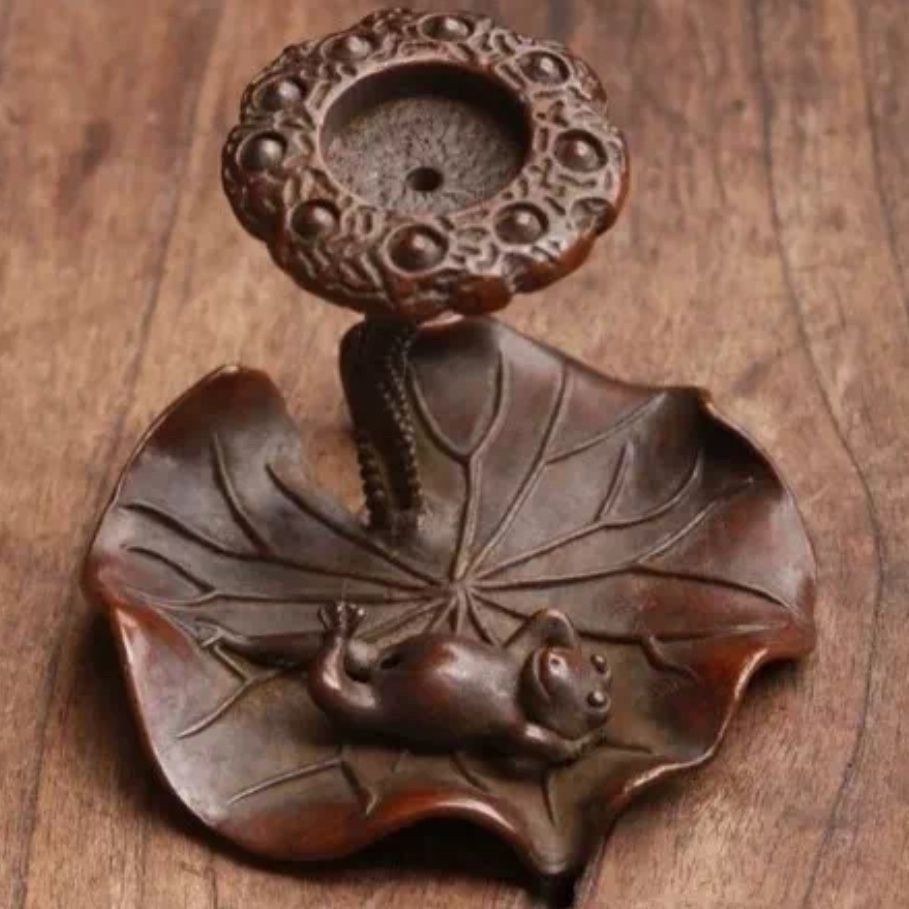 Solid Brass Lotus Frog Incense Holder Backflow Burner Tea Pet Handmade Decor