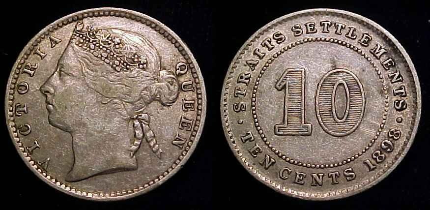 STRAITS SETTLEMENTS 1898 10 Cents VF