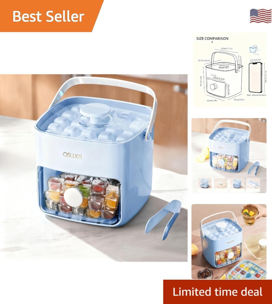 Compact Stackable Ice Cube Maker with Clear Lid - Ideal for Home Bars, Ice Blue