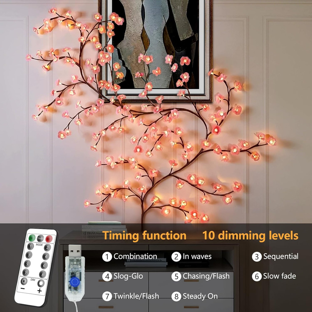 Cherry Blossom LED Vine Lights with Remote Timer, 4FT, 48 LEDs