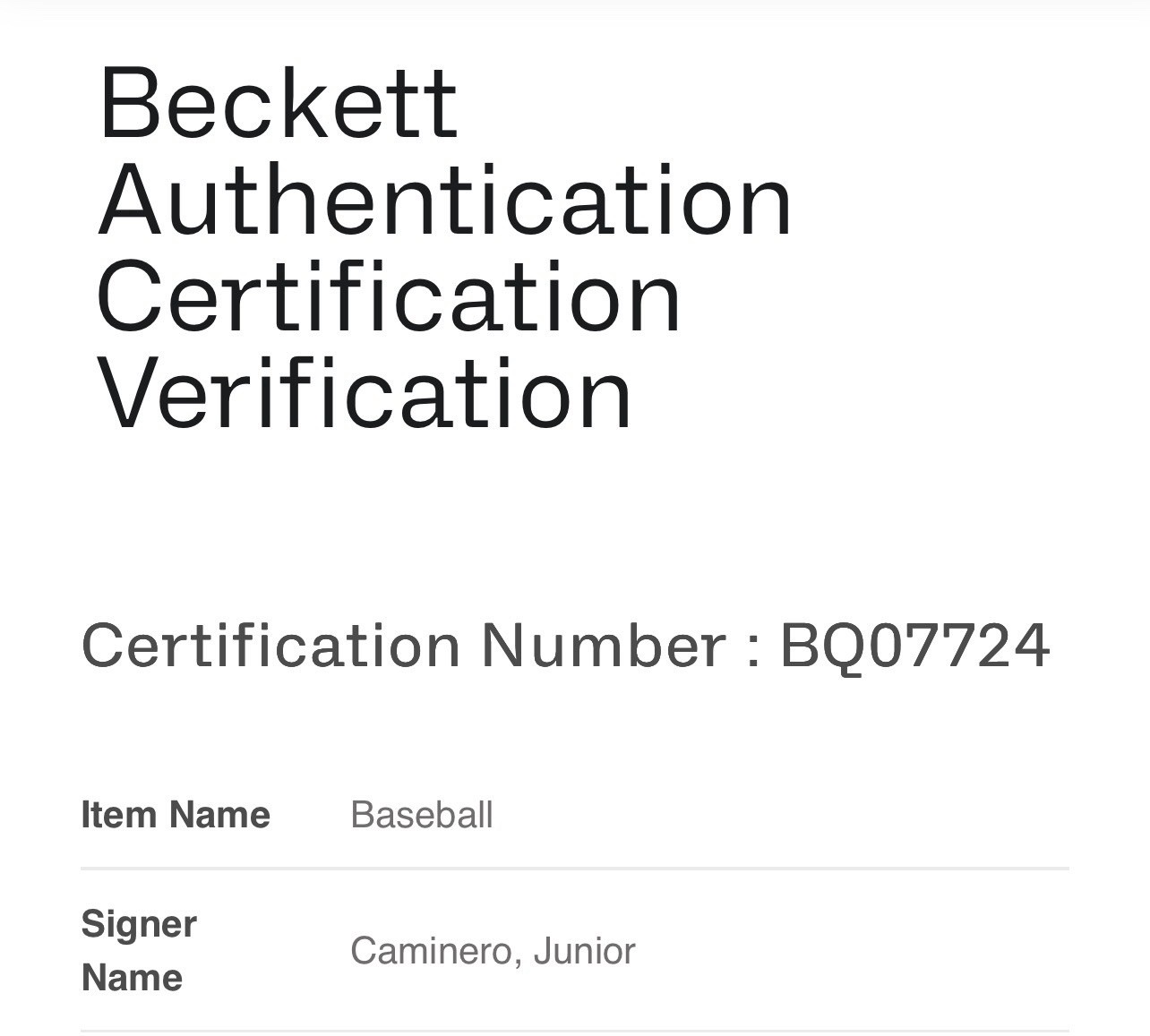 JUNIOR CAMINERO LICENSED BECKETT AUTHENTICATED SIGNED MINT MANFRED MLB BASEBALL