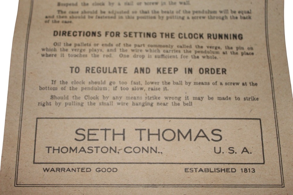 Replacement Paper Directions Label for Seth Thomas Clock Brown