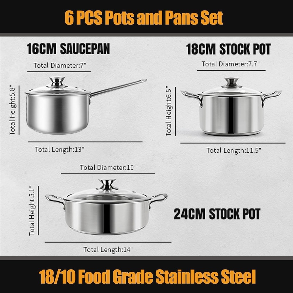 Professional Grade 6-Piece Stainless Steel Cookware Set - Versatile & Durable