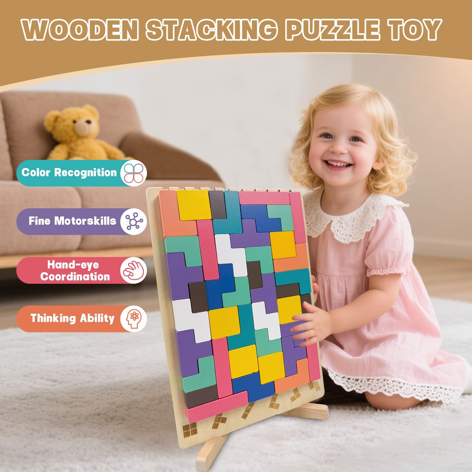 Wooden Stacking Puzzle Toy 3D Montessori Brain Teaser Game for Kids 4 to 6