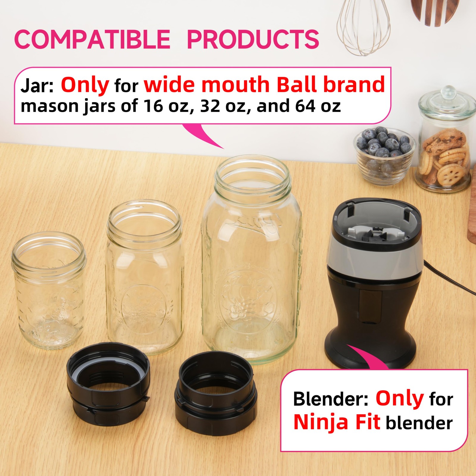 Adapter for Ninja Fit QB3001S and Ball Wide Mouth Mason Jar-Blend Directly in...