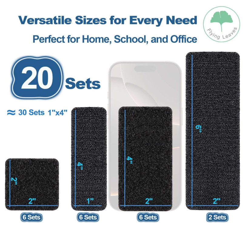 20 Sets Heavy Duty Hook & Loop Adhesive Strips 1x4” Black Sticky Back Fastener