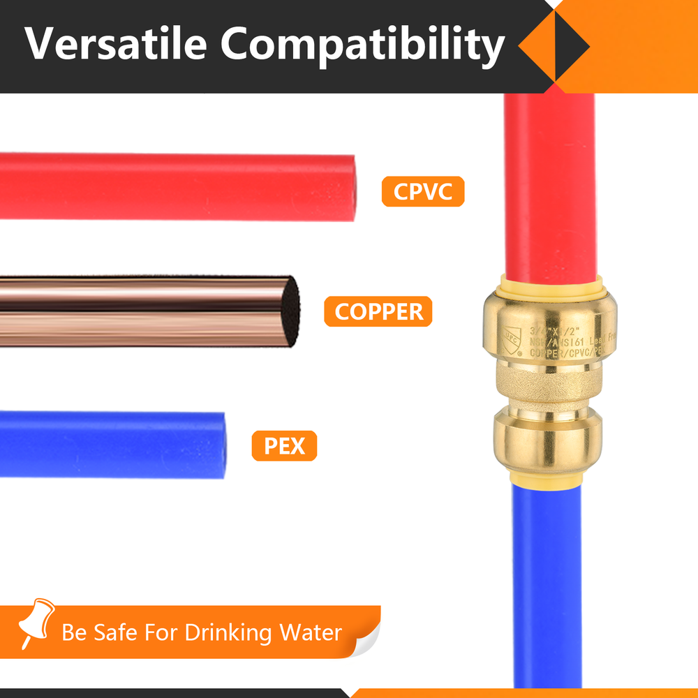 EFIELD (2 to100 Pack) 3/4"Push Fit×1/2"Reducing Coupling Brass Fitting Lead Free