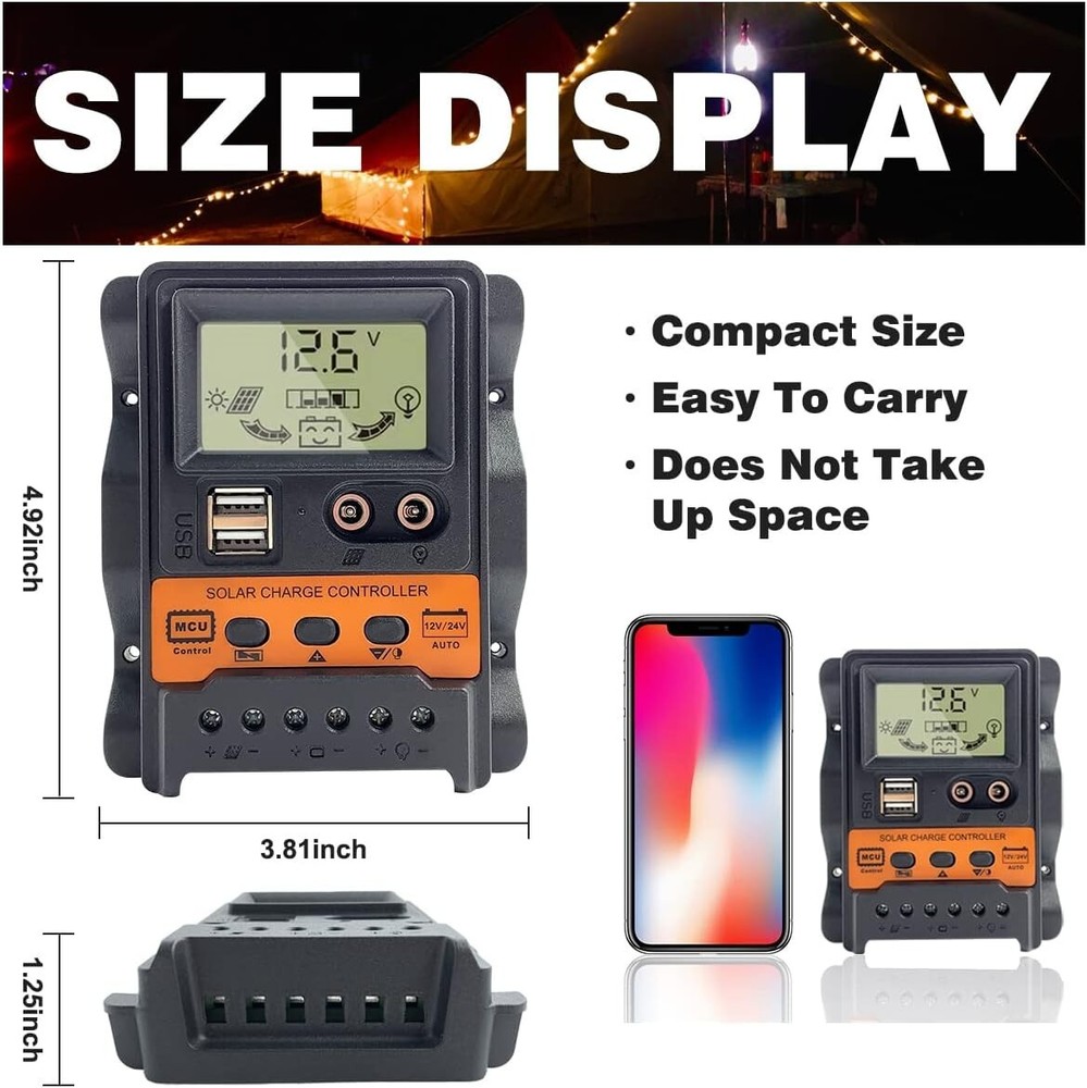 30A PWM Solar Panel Regulator Charge Controller Auto Focus Tracking USB 12/24V