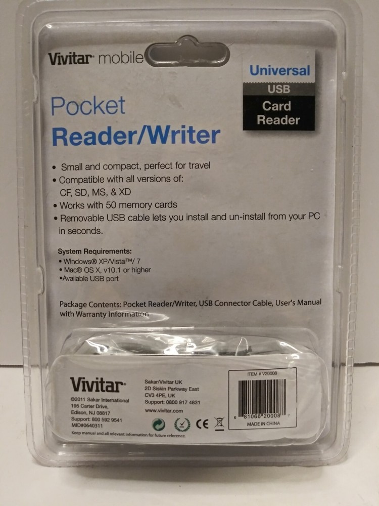 Vivitar Mobile Pocket Reader Writer Compatible Versions CF, SD, MS, XD (T)...