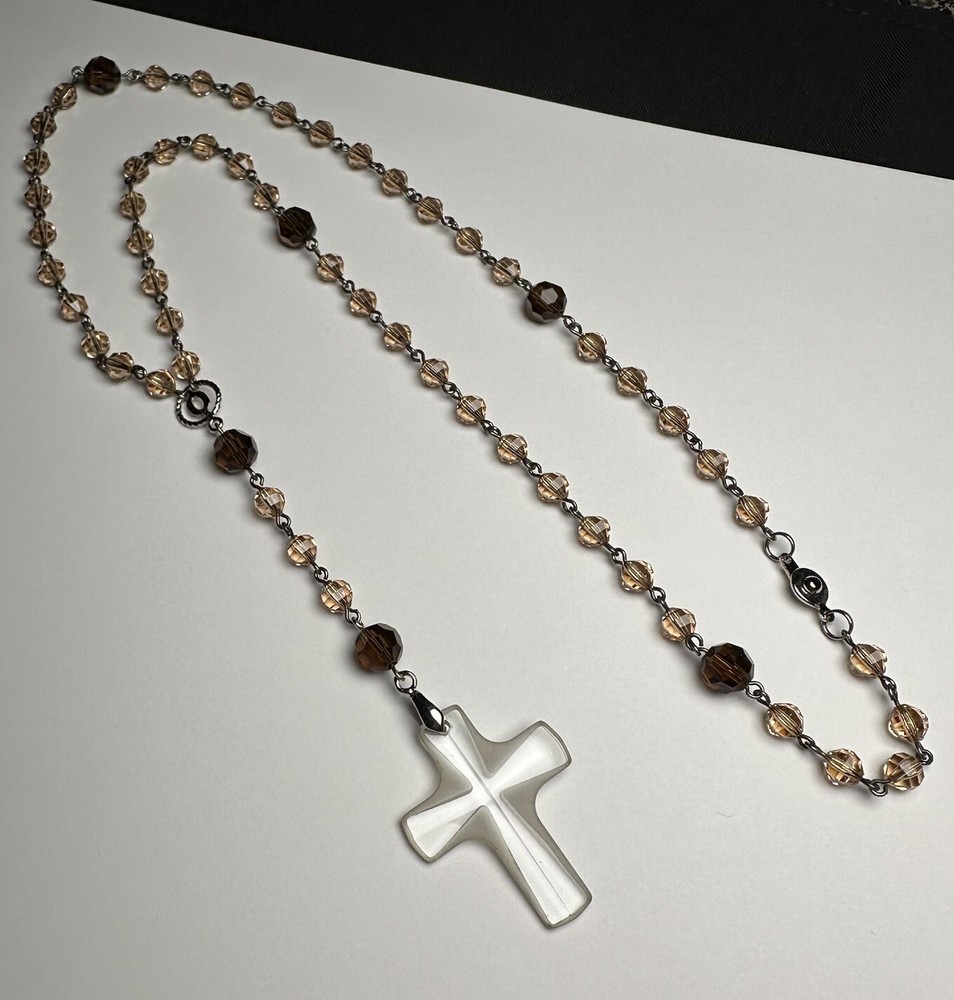 Beaded Rosary Frosted Glass Cross Necklace Christian / Catholic Religious