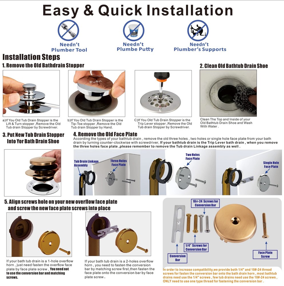 Champagne Bronze Universal Tub Drain Tip Toe Conversion