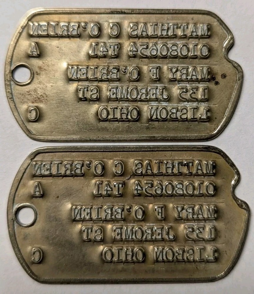 WW2 US Army Officer Dog Tag Pair MATTHIAS C O'BRIEN 01080654 T-41 XB