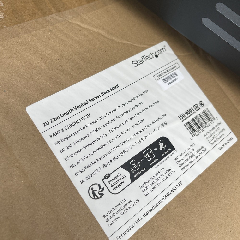 StarTech CABSHELF22V 2U 22in Vented Rack Mount Fixed Shelf Server Rack Cabinet