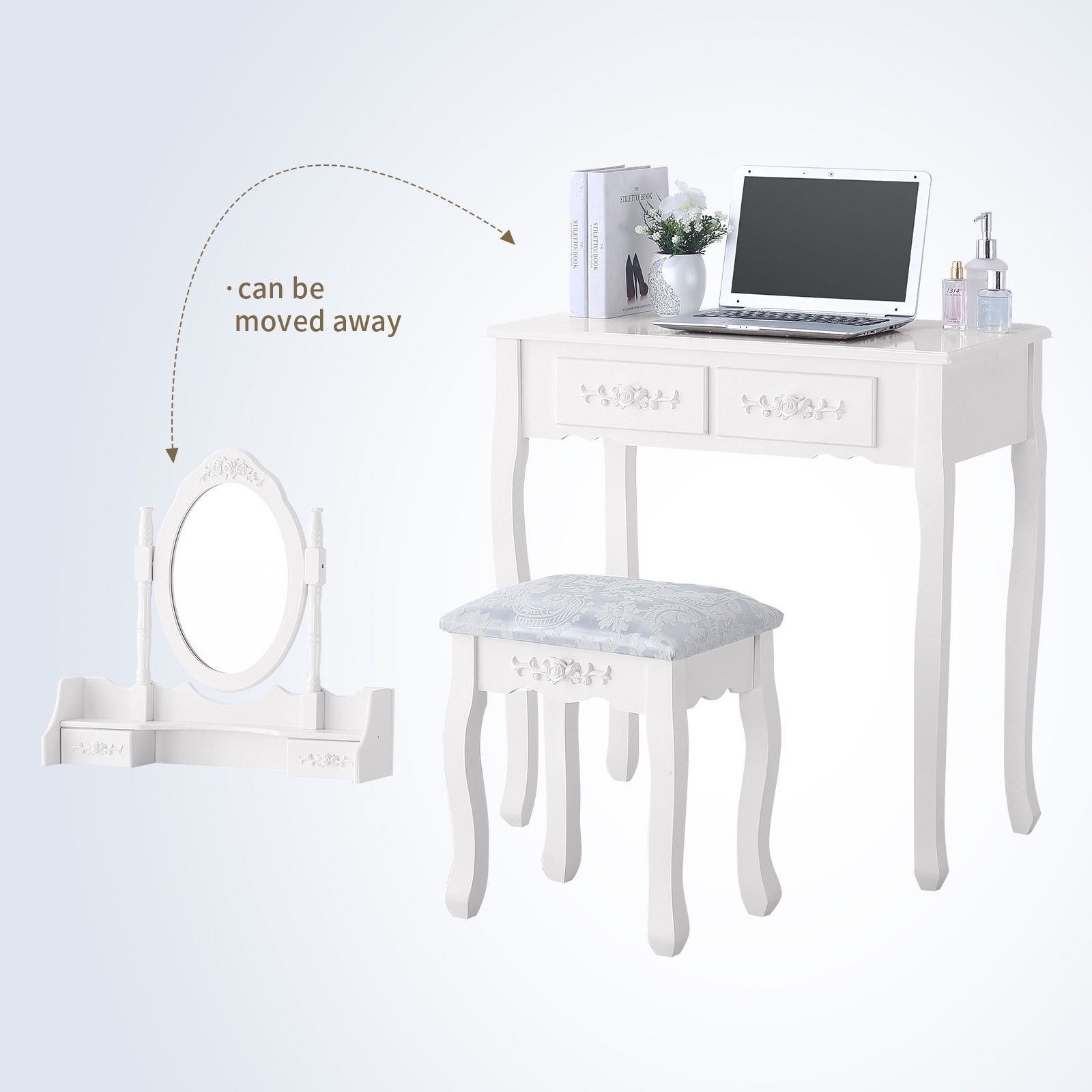 White Vanity Dressing Table Set With Mirror Stool 4 Drawers Makeup Desk Bedroom