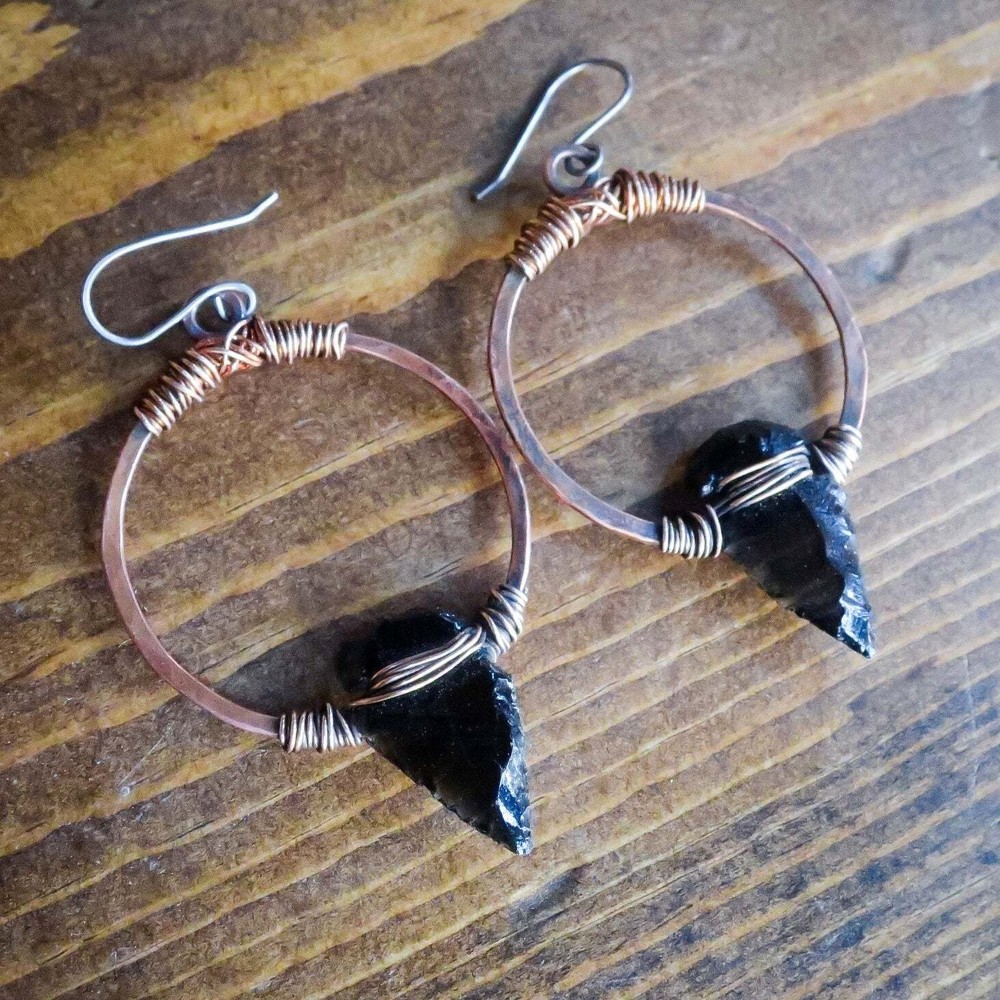 Obsidian Arrowhead Hoop Earrings | Bronze & Copper