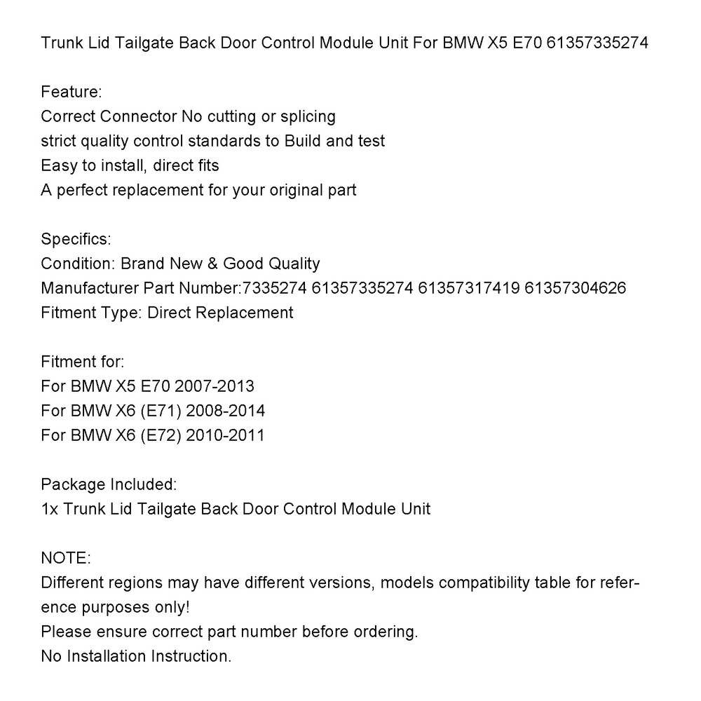 Trunk Lid Tailgate Back Door Control Module Unit For BMW X5 E70 61357335274 UE