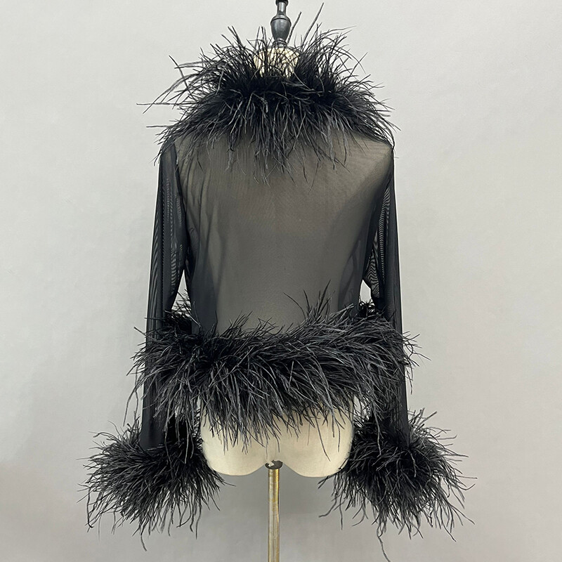 Lady Ostrich Feather Top Cardigan Mesh Sexy See Through Fluffy Feather Blouse