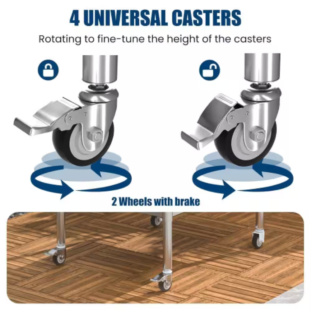 Stainless Steel 48 In. Adjustable Kitchen Prep Table with Wheels, Backsplash, Sh