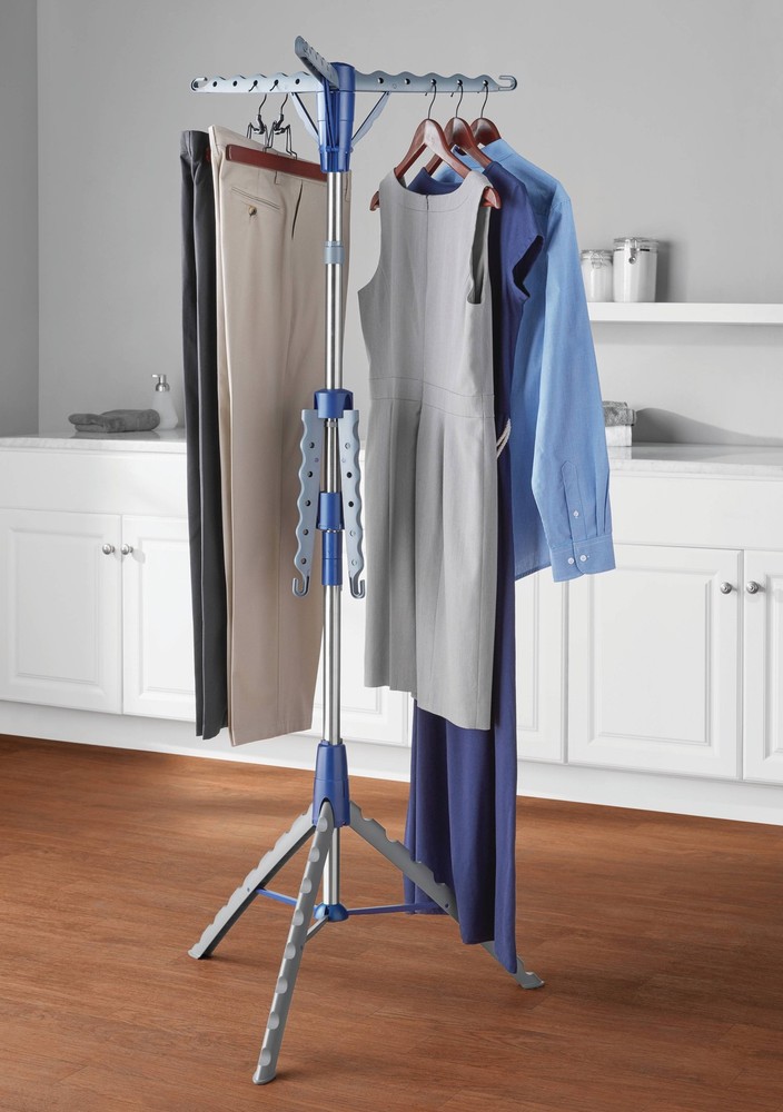 Space-Saving 2-Tier Steel Tripod Hanging Clothes Drying Rack Blue Silver