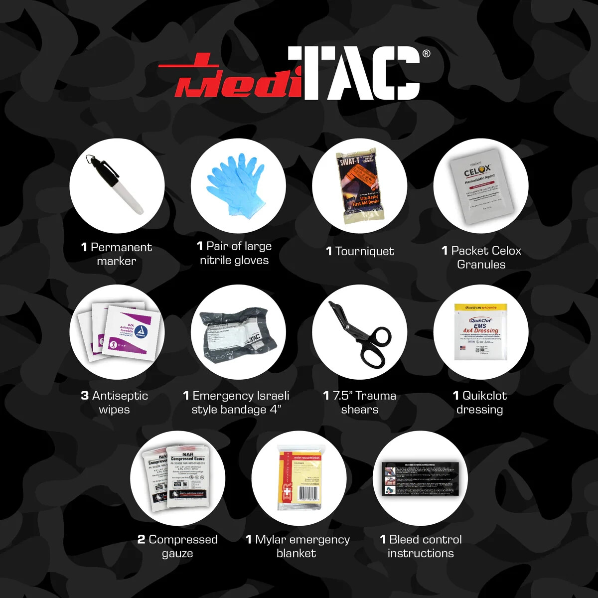 MediTac Bleeding Control Pack First Aid Emergency QuikClot Basic with Celox