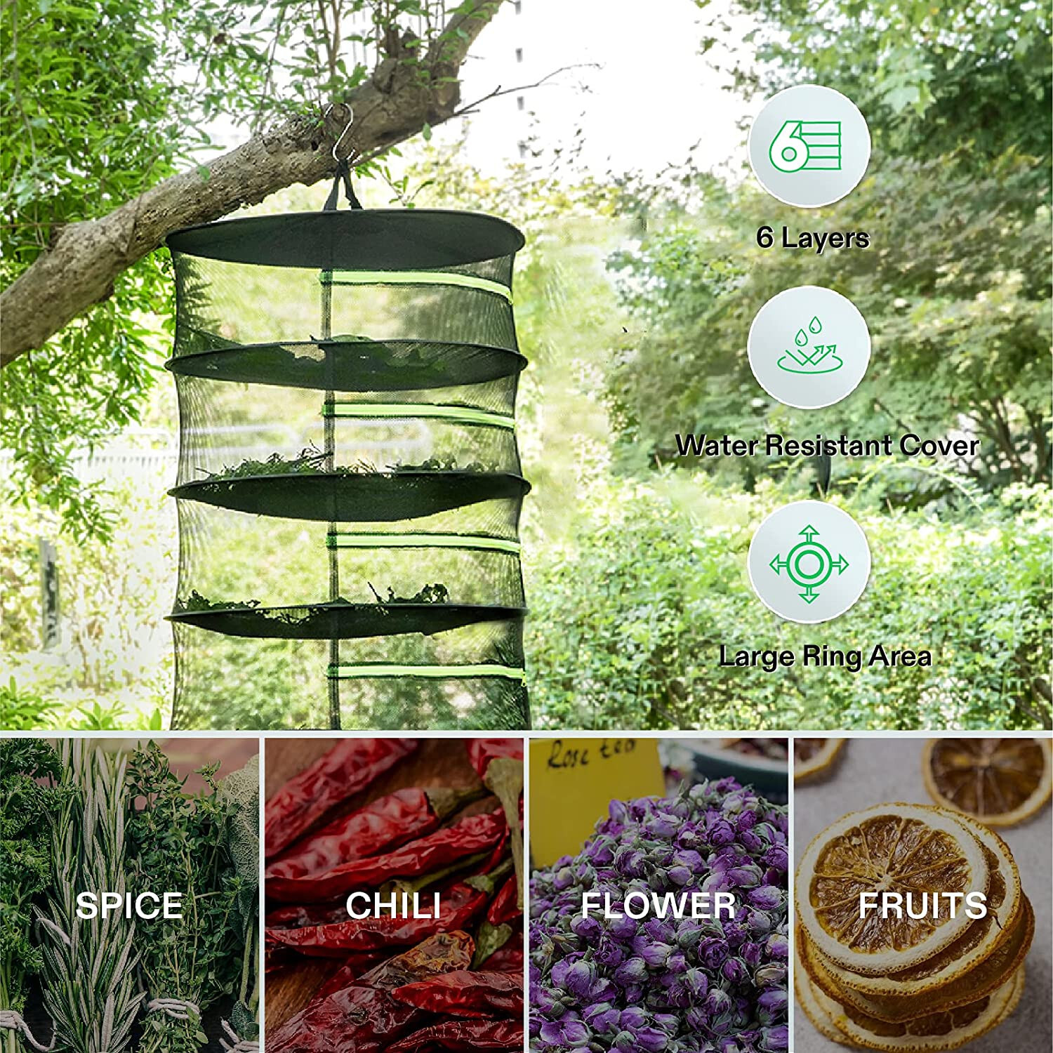 2ft 6-Layer Hanging Herb Mesh Rack Foldable Drying Net with Zippers