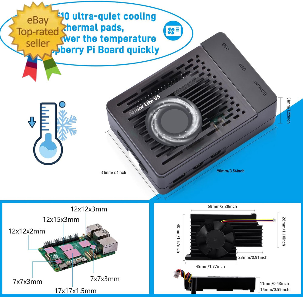 ABS Case with Armor Lite V5 Active Cooler for Raspberry Pi 5, Pi 5 Case with Alu