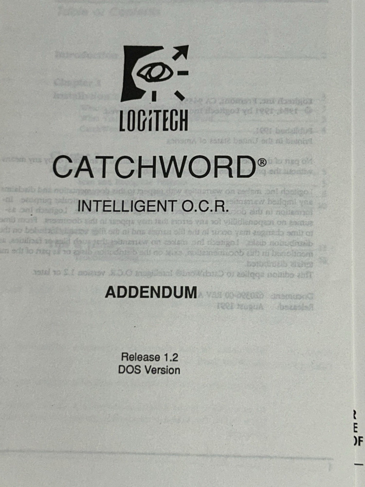 Logitech Software Catchword Intelligent OCR DOS Ver User's Guide MANUAL ONLY