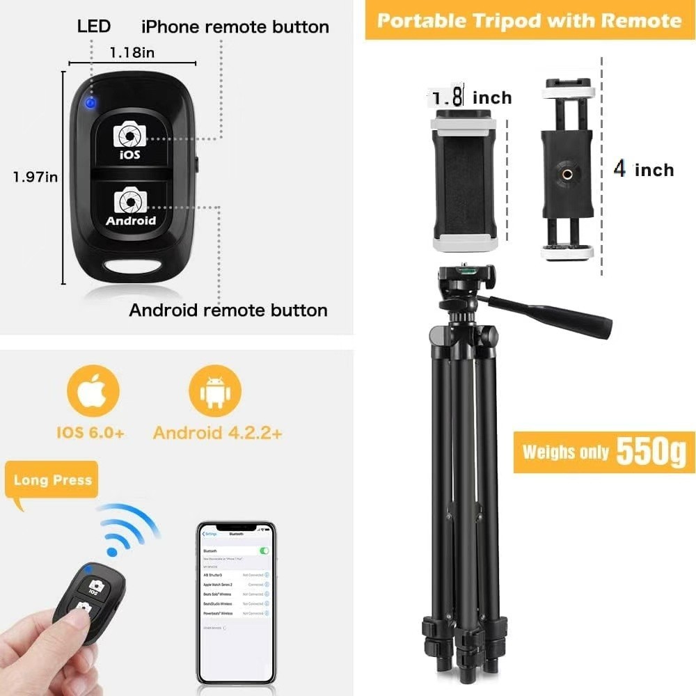 Adjustable Phone & Camera Tripod w/Built-in Level, Portable Metal Travel Stand