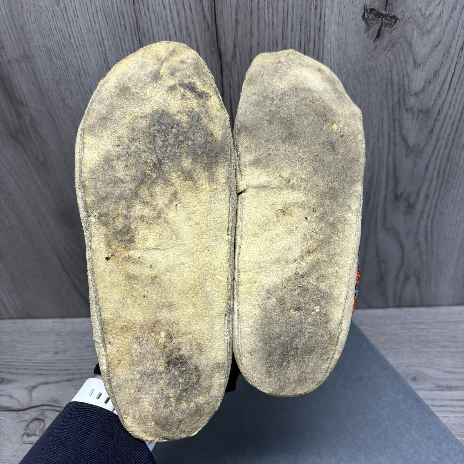 Antique Circa 1900 Northern Plains Beaded Moccasins Teal Orange Flower original