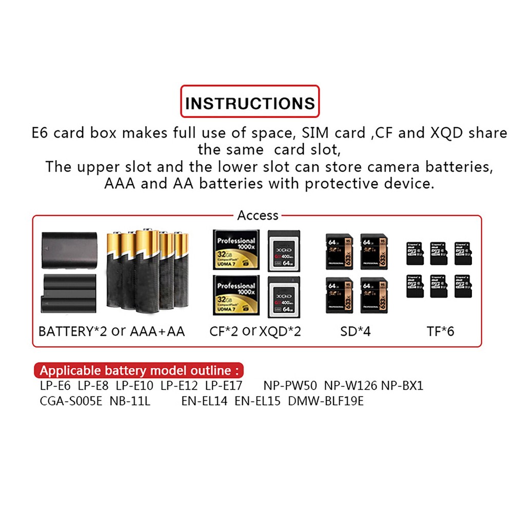 Waterproof Camera Case for 2 Batteries & 14 Memory Cards (SD/CF/XQD/TF) - E6