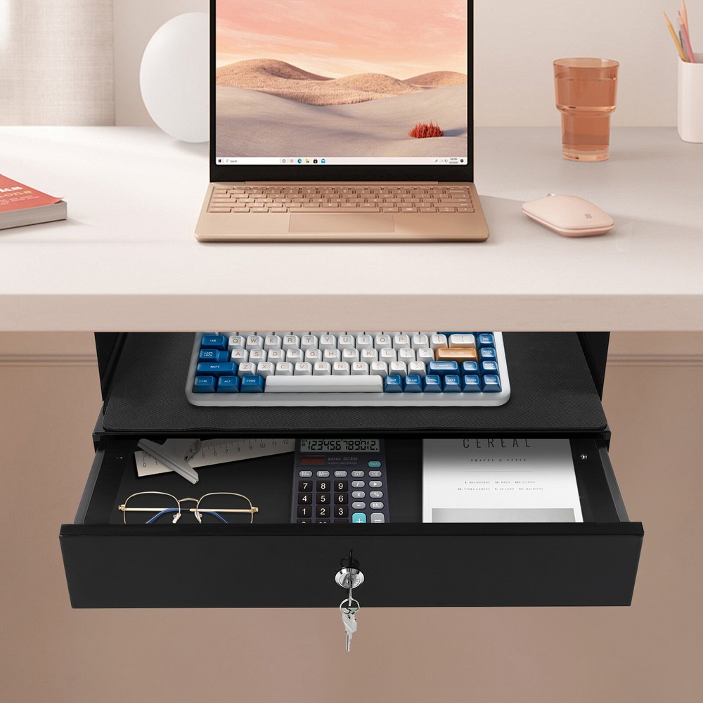 Sliding Under Desk Pull-Out Storage Drawer with Computer Pad for Organization