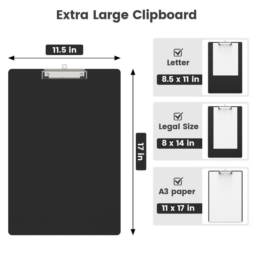 Macroclo Extra Large 11x17 Clipboards, Plastic Black Drawing 1 Pack,